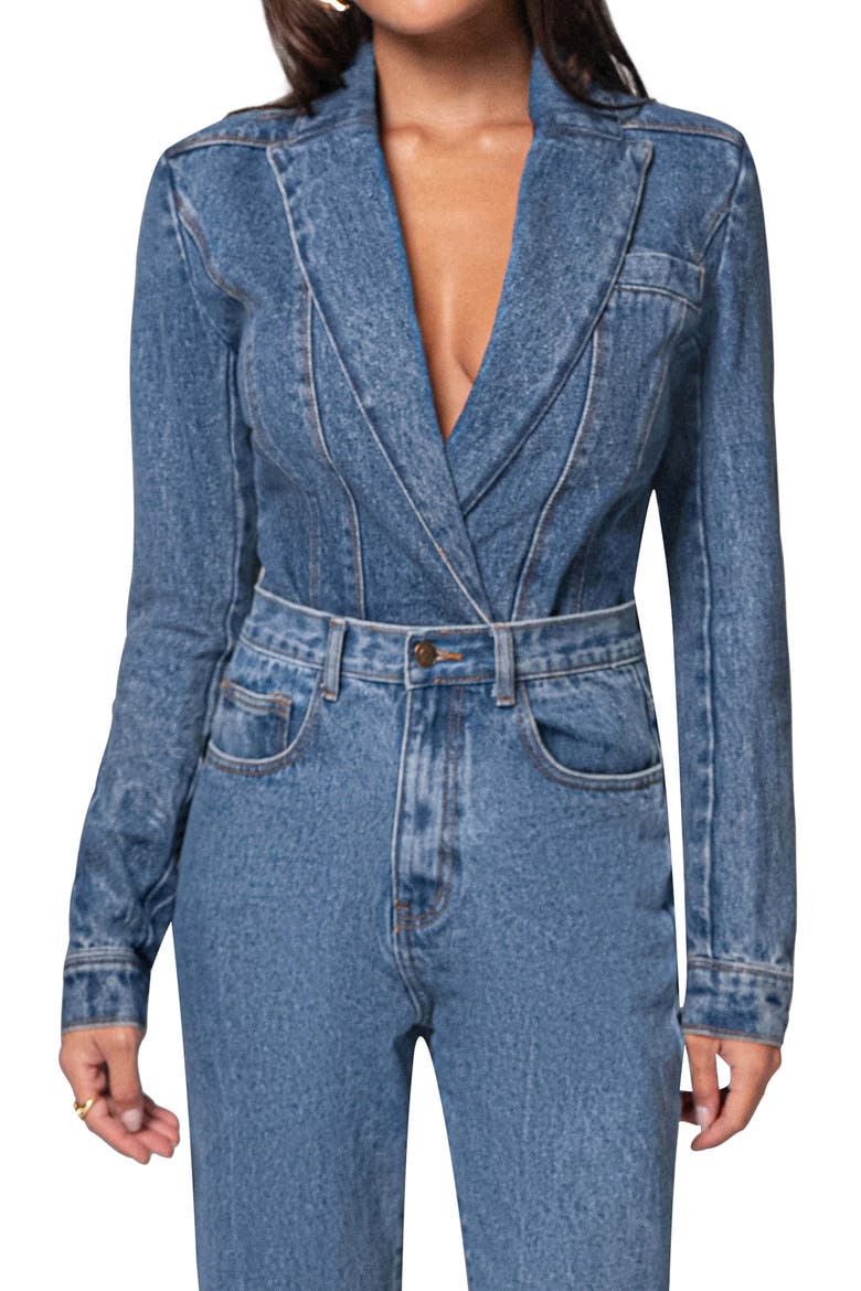 Dominica Denim Blazer Bodysuit, Main, color, MEDIUM WASH