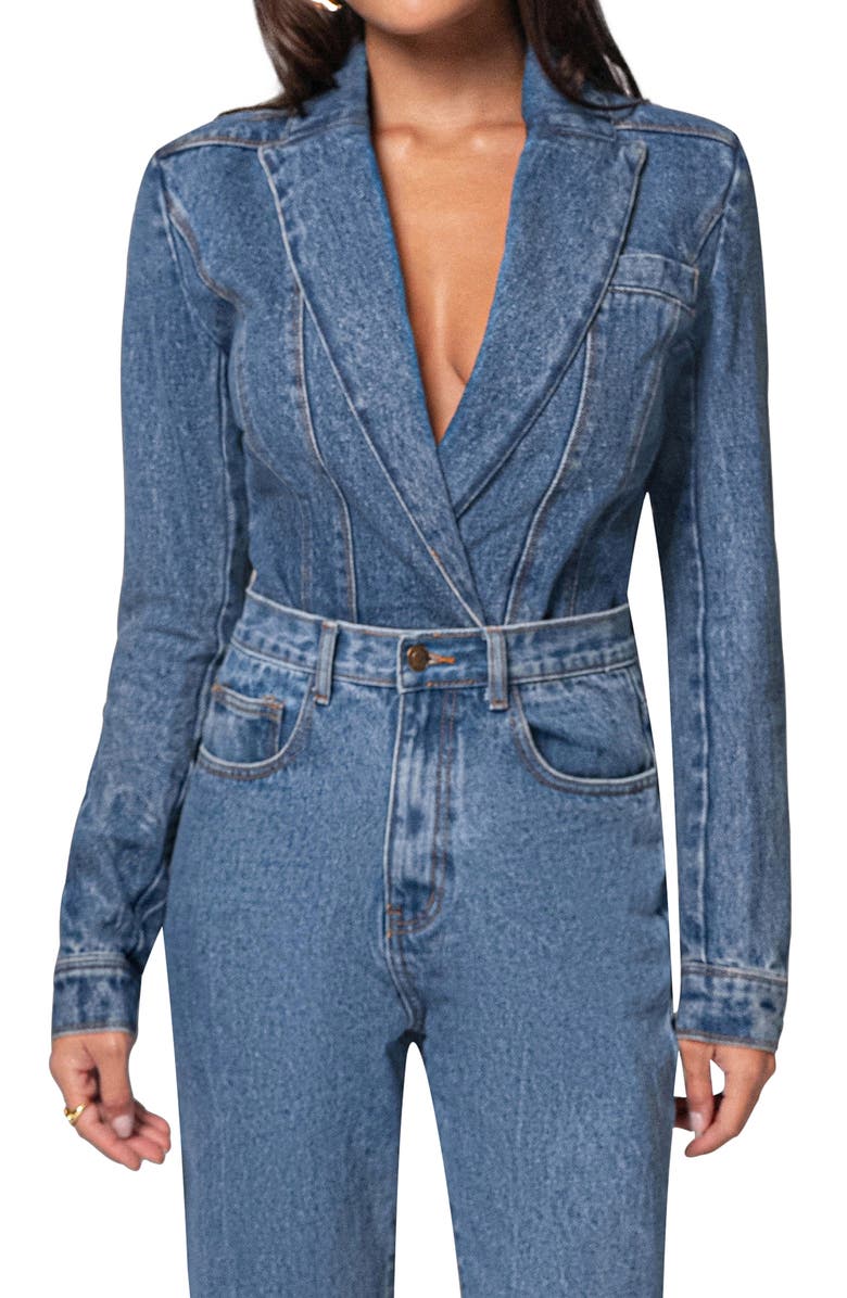JLUXLABEL Dominica Denim Blazer Bodysuit, Main, color, Medium Wash
