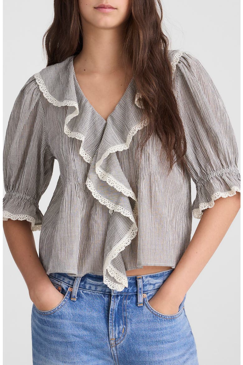 Ruffled Puff Sleeve Cotton Button-Up Shirt, Main, color, BLACK AND IVORY MICRO STRIPE