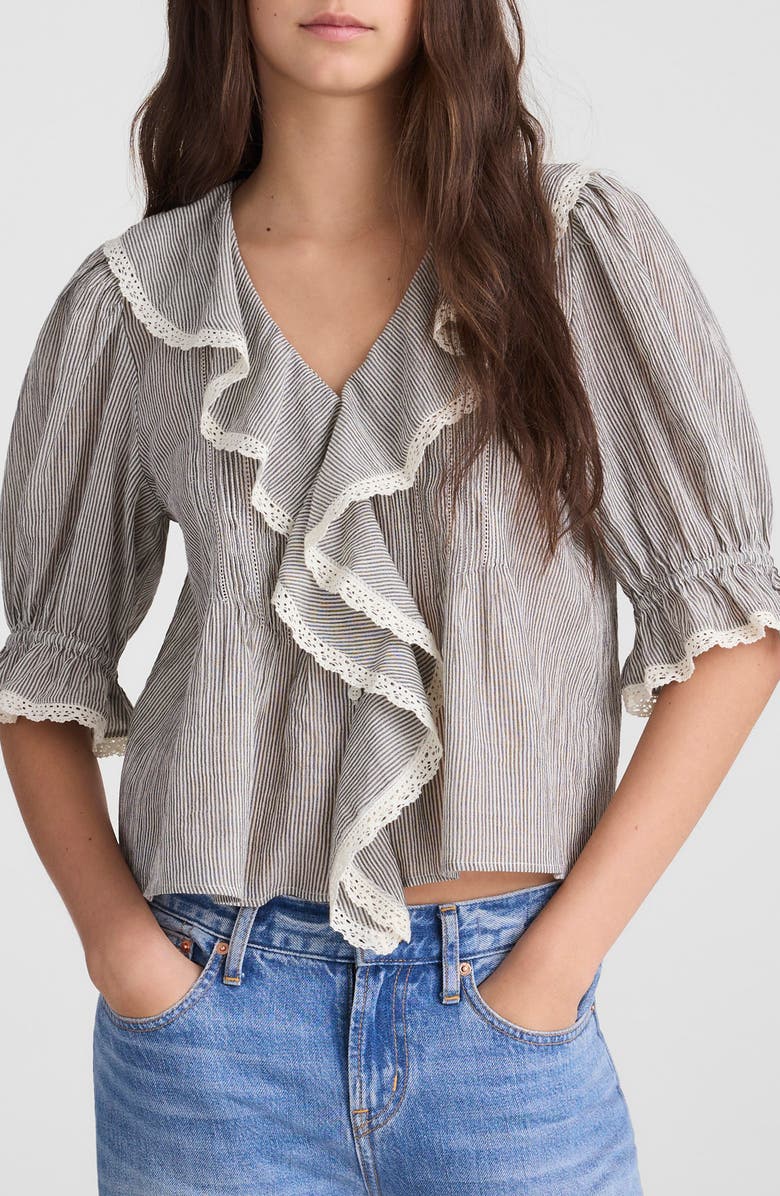 Madewell Ruffled Puff Sleeve Cotton Button-Up Shirt, Main, color, Black And Ivory Micro Stripe