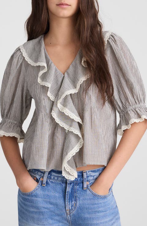 Ruffled Puff Sleeve Cotton Button-Up Shirt