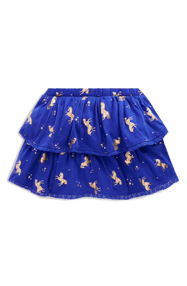 Mini Boden Kids' Printed Lace Trim Tiered Skort, Alternate, color, Sapphire Blue Horses