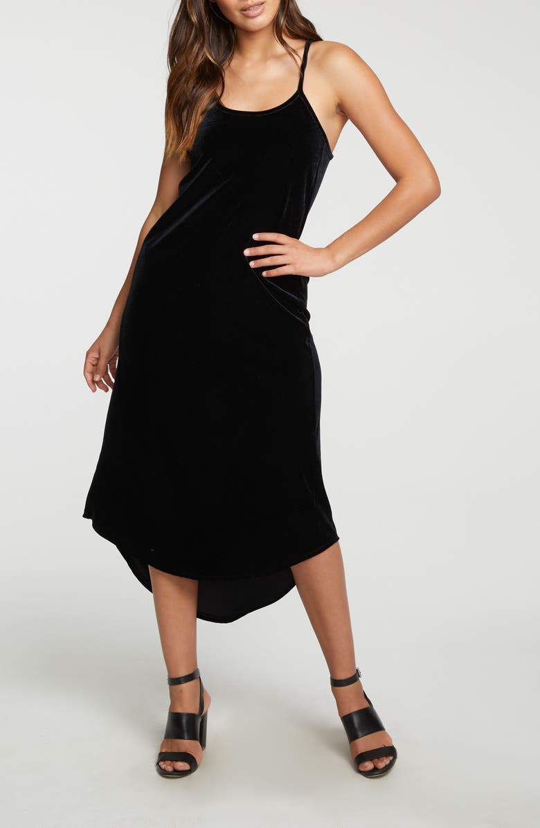 Chaser High-Low Hem Velvet Midi Dress, Alternate, color,