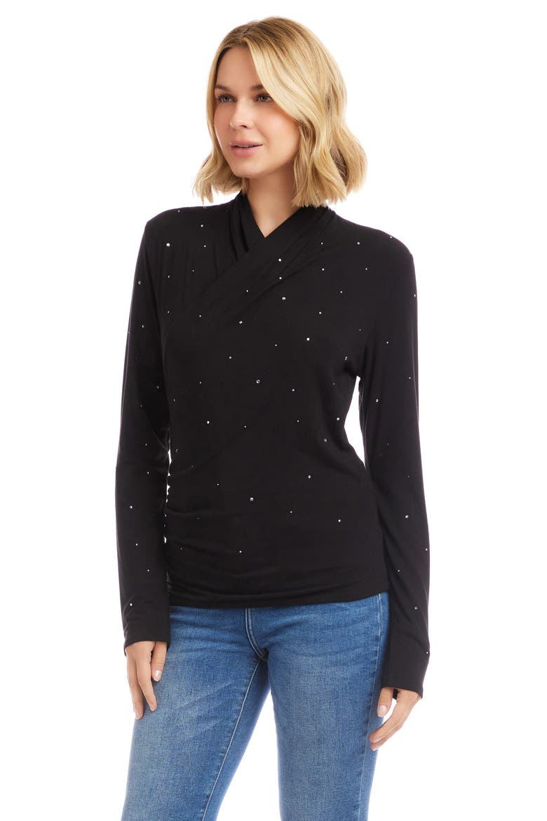 Rhinestone Drape Front Faux Wrap Top, Alternate, color, BLACK