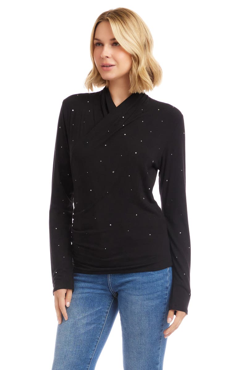 Karen Kane Rhinestone Drape Front Faux Wrap Top, Alternate, color, Black