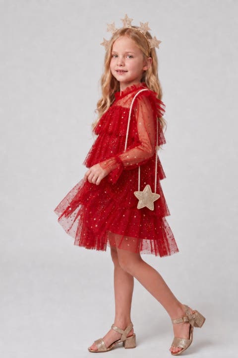 Chloe Girls’ Star Print Tiered Dress, Gold Star Crown & Bag Set