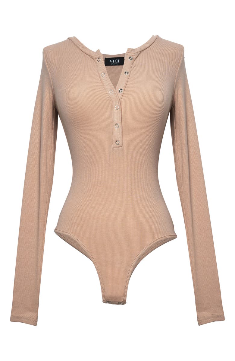 VICI Collection Ribbed Long Sleeve Henley Bodysuit, Alternate, color, 