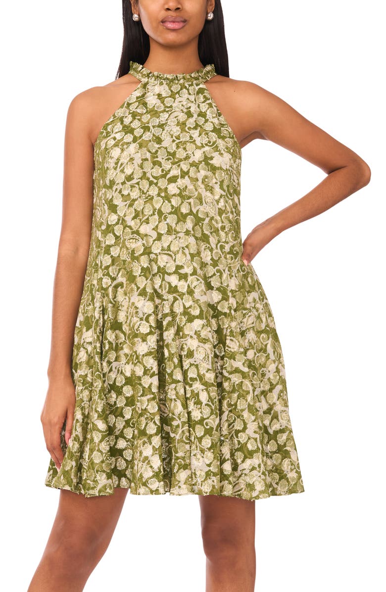 CeCe Metallic Leaf Print Dress, Alternate, color, Cedar Green