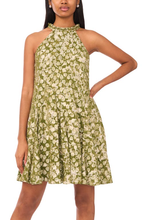 Cece Metallic Leaf Print Dress In Green