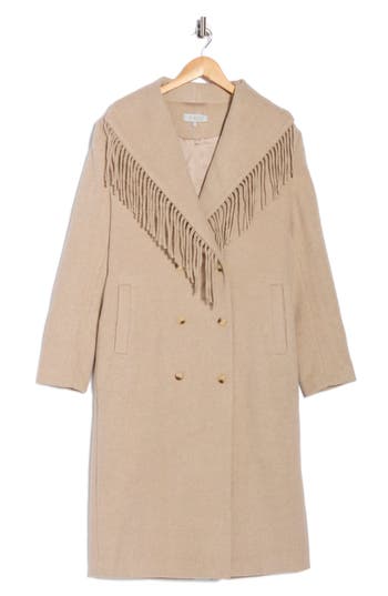 Wayf Fringe Double Breasted Coat In Brown