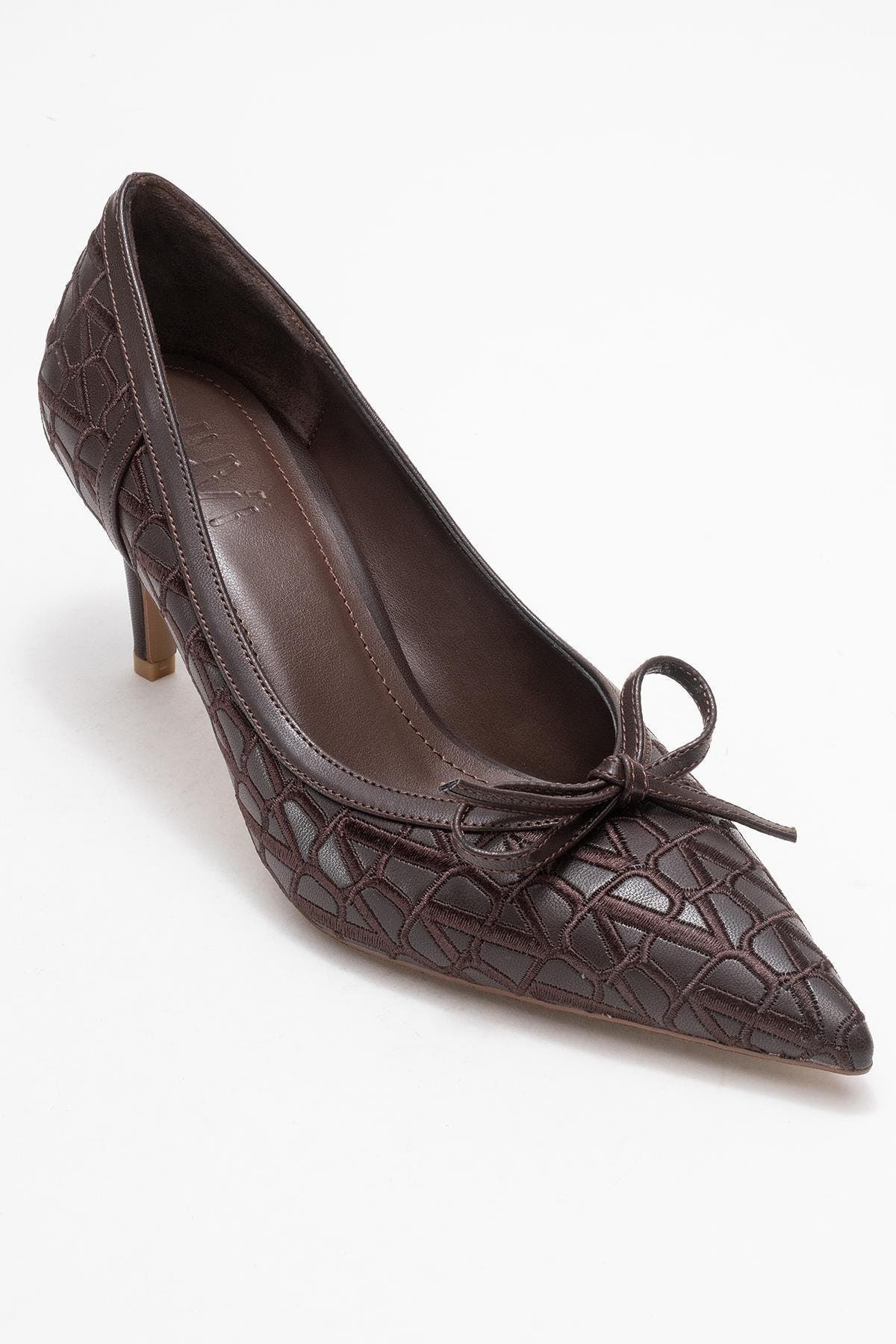 Camden Bow Pointed Toe Pump, Main, color, Brown Pattern