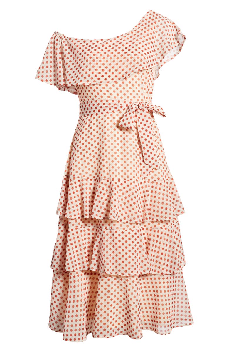Lulus Polka Dot Tiered One-Shoulder Dress, Alternate, color,