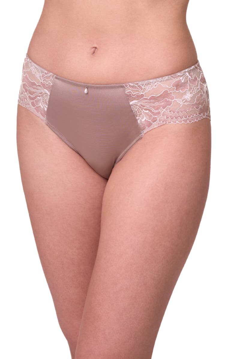 Montelle Intimates Floral Lace & Microfiber Hipster Briefs, Main, color, Moonshell/ Chantilly