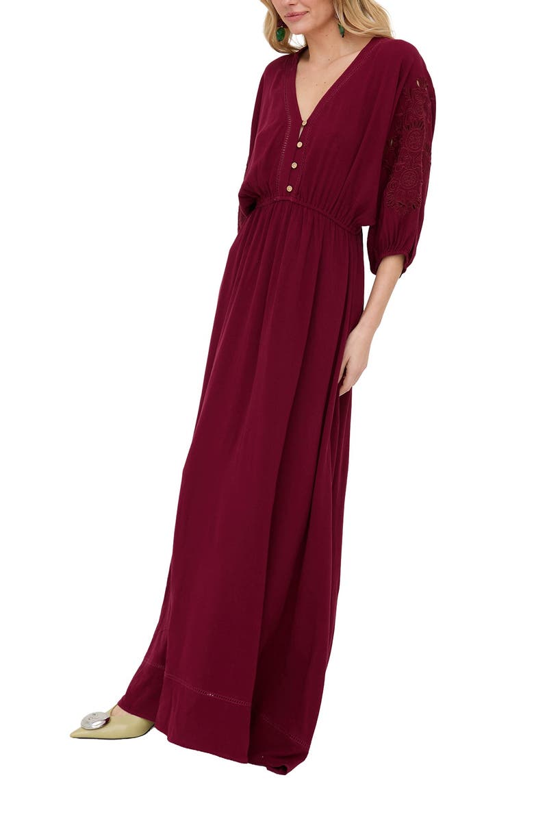 Raffya Somerton Kaftan Style Embroidered Maxi Dress, Alternate, color, Burgundy