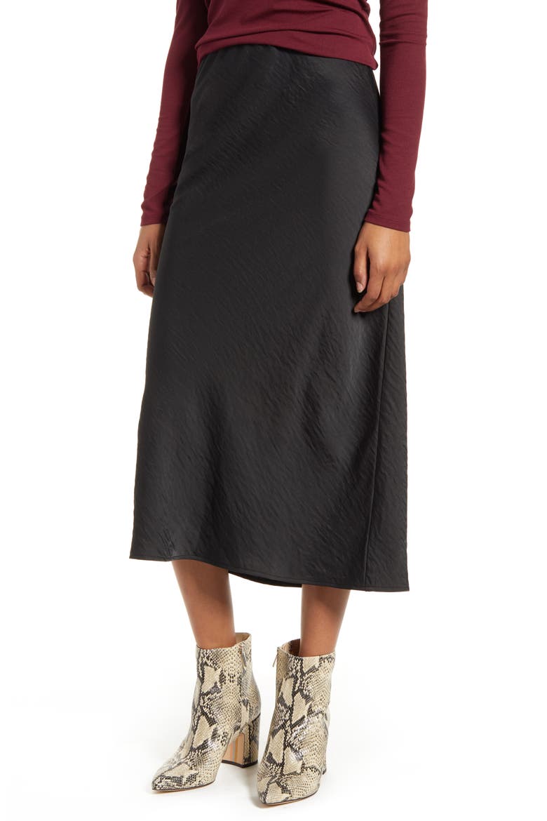 Lyndon Bias Cut Midi Skirt, Main, color, BLACK