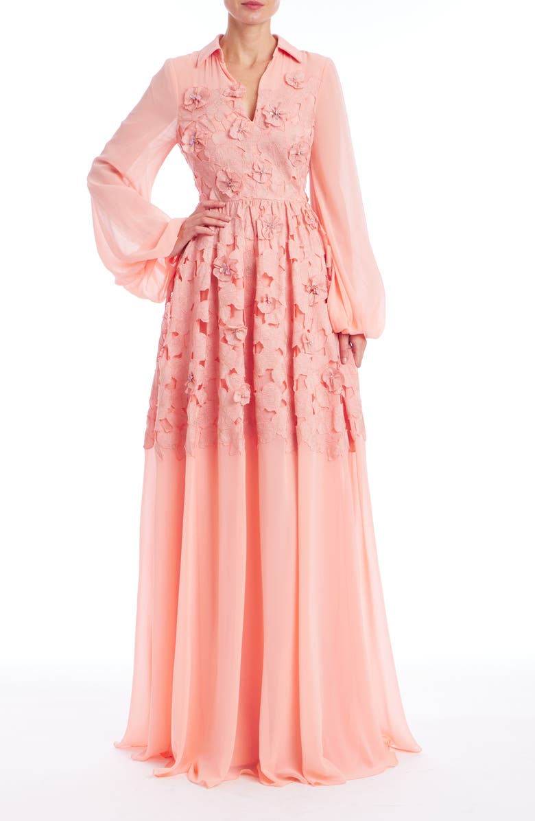 Badgley Mischka Collection Floral Embellished Long Sleeve Evening Gown, Main, color, 