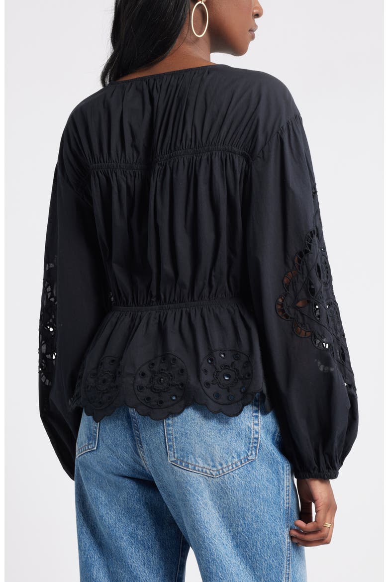 Long Sleeve Cotton Eyelet Top, Alternate, color, BLACK