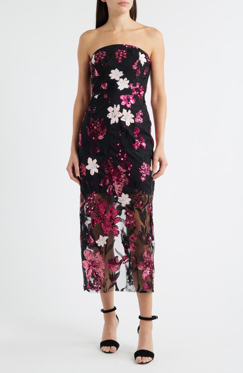 Sam Edelman Floral Sequin Strapless Midi Dress, Main, color, Pink/ Black