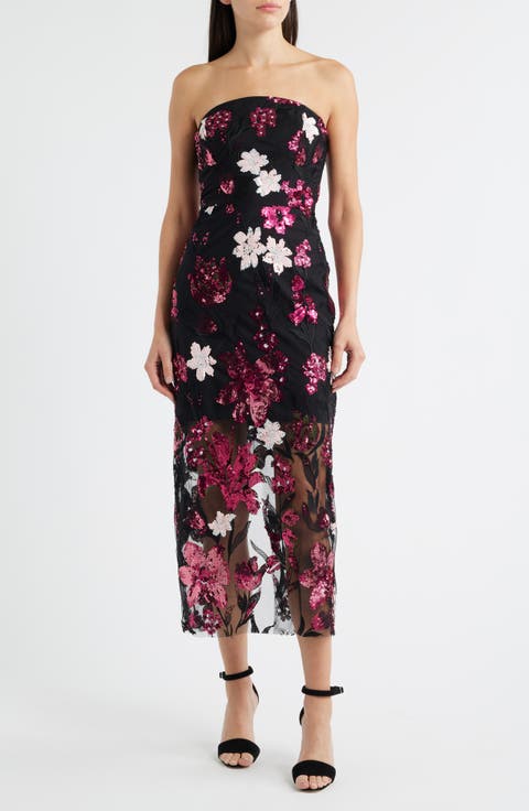 Floral Sequin Strapless Midi Dress