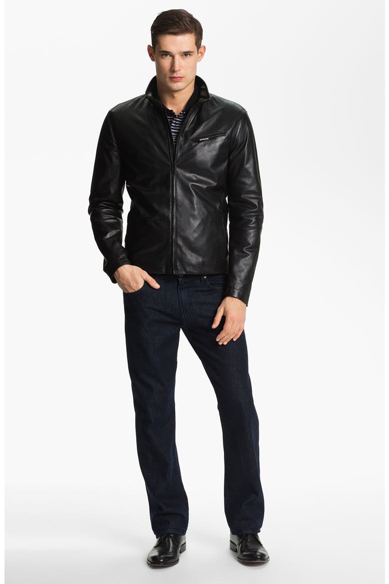 Armani Collezioni Blouson Leather Jacket, Alternate, color, SOLID BLACK