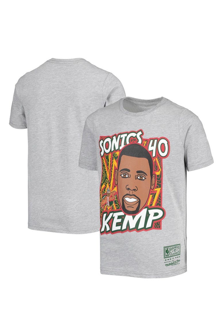 Youth Mitchell & Ness Shawn Kemp Gray Seattle SuperSonics Hardwood Classics King of the Court Player T-Shirt, Main, color, Gray