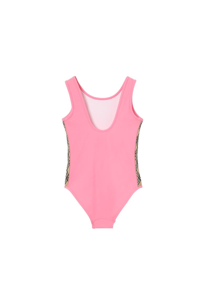 Girls' Check Trim Swimsuit, Alternate, color, Floss pink