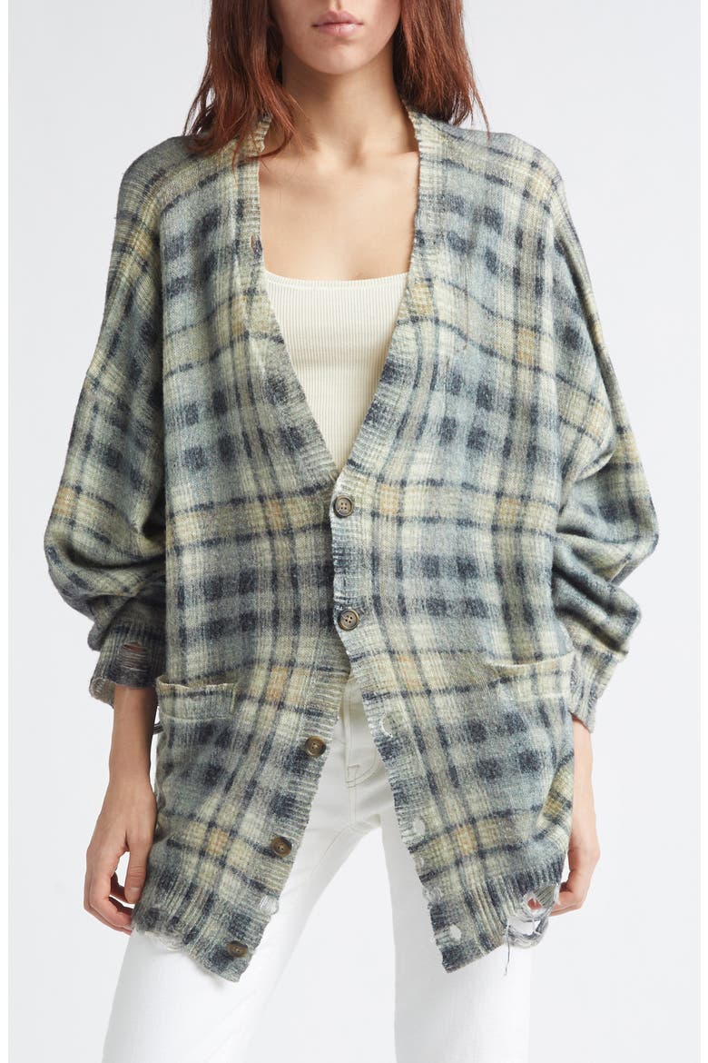 Oversize Distressed Plaid Wool & Cashmere V-Neck Cardigan, Main, color, GREY BLACK PLAID