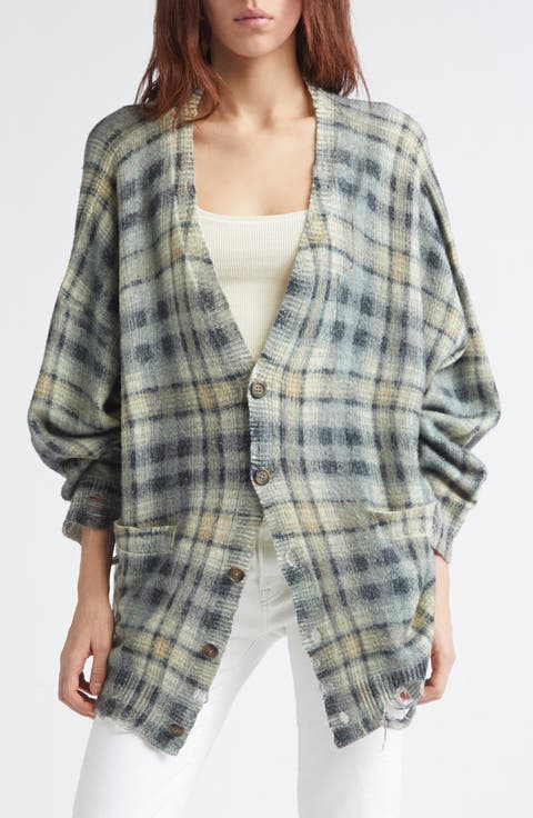Oversize Distressed Plaid Wool & Cashmere V-Neck Cardigan