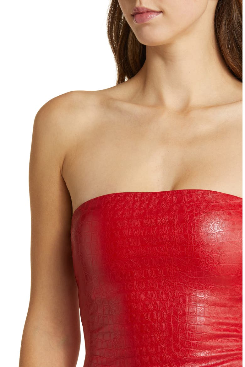 The Crocodile Collection Croc Embossed Strapless Faux Leather Minidress, Alternate, color, RED