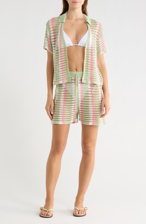 Open Knit Stripe Top & Shorts Set