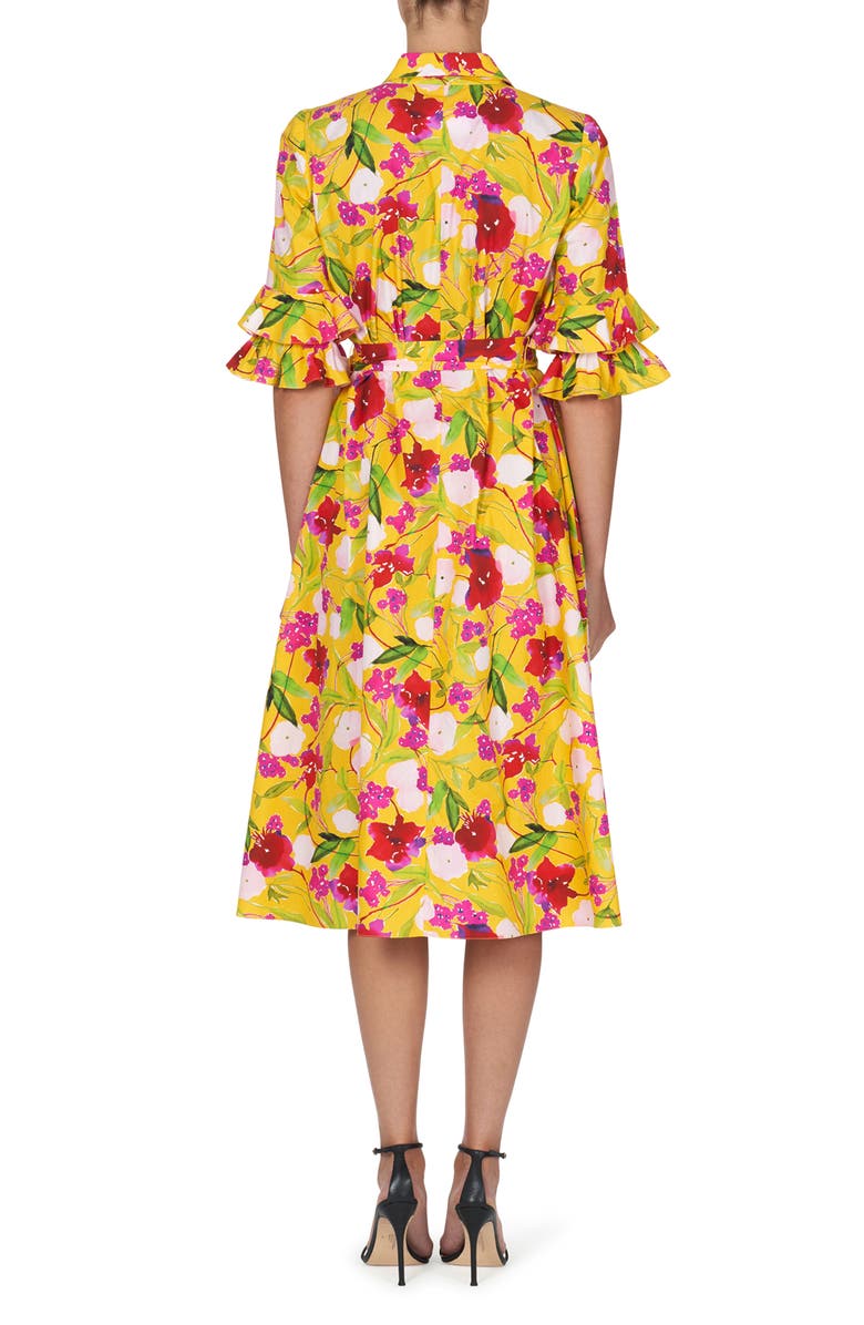 Carolina Herrera Floral Print Ruffle Cuff Cotton Shirtdress, Alternate, color, Taxi Cab Multi