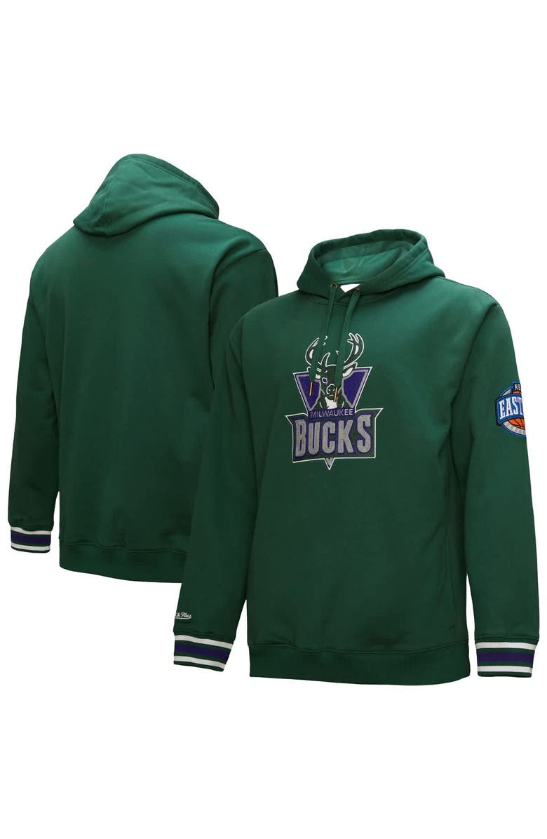Mitchell & Ness Men's Mitchell & Ness Hunter Green Milwaukee Bucks Hardwood Classics Chainstitch Vintage Heavyweight Pullover Hoodie, Main, color, Hunter Green