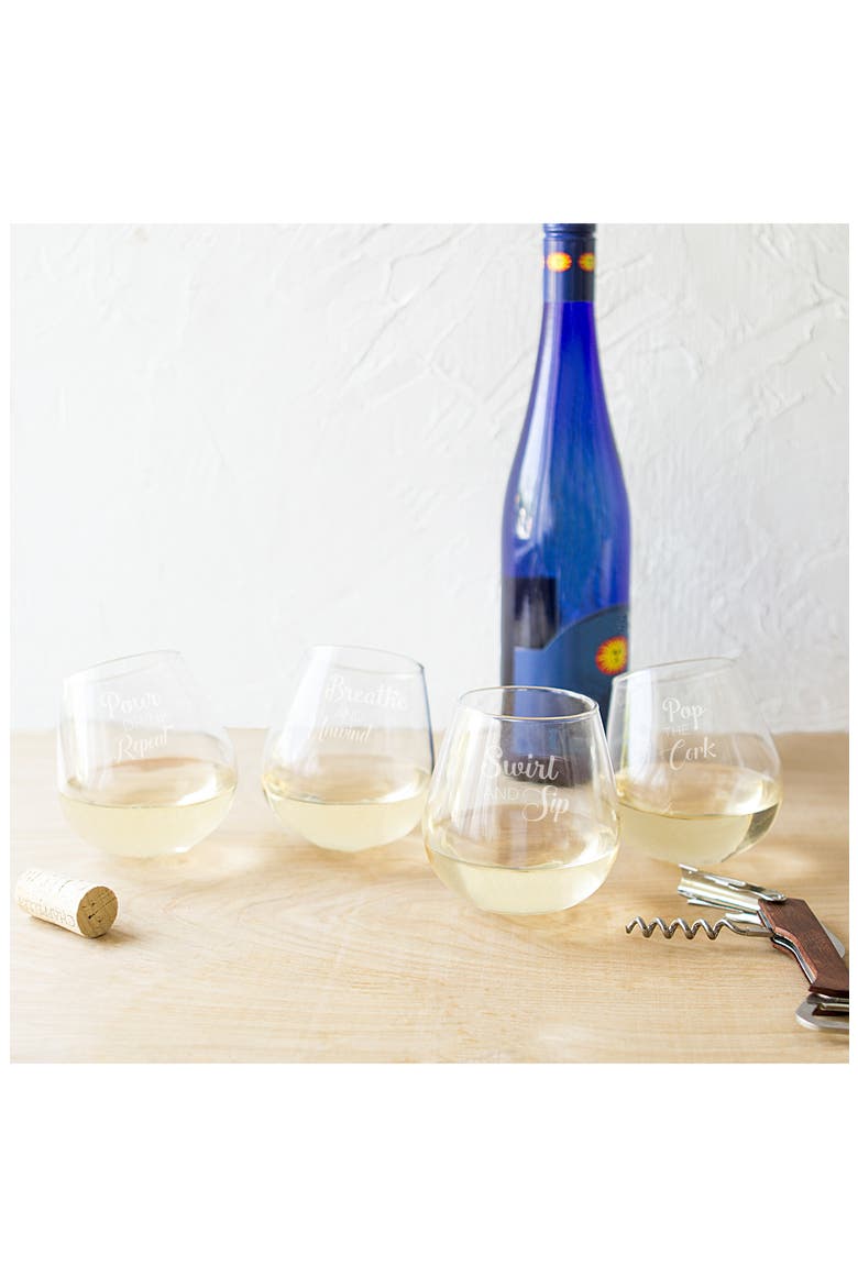 Pop the Cork Tipsy Set of 4 Stemless Wine Glasses, Alternate, color, CLEAR