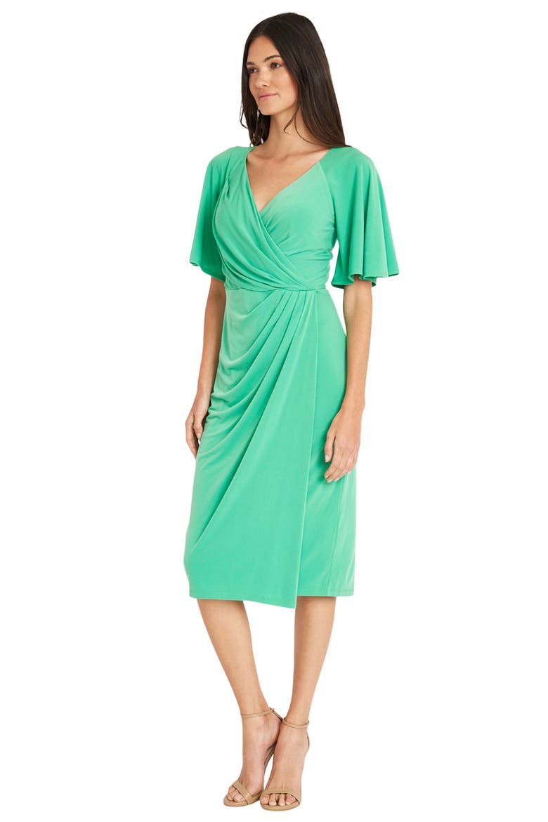 Flutter Sleeve Faux Wrap Dress, Alternate, color, MING GREEN