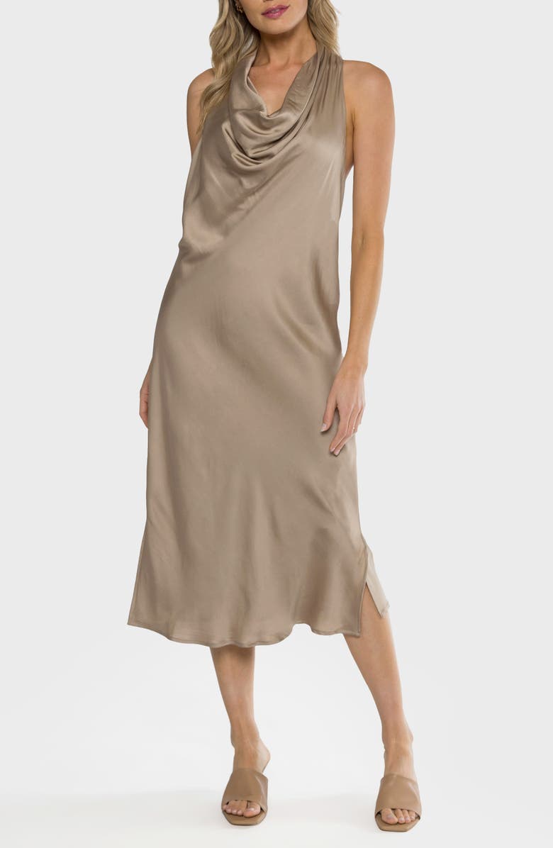 matty m. Grotto Cowl Neck Midi Dress, Main, color, Mocha