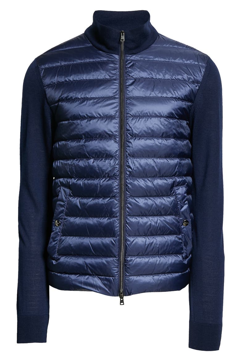 Quilted Down Front Wool & Silk Cardigan, Alternate, color, BLU NAVY