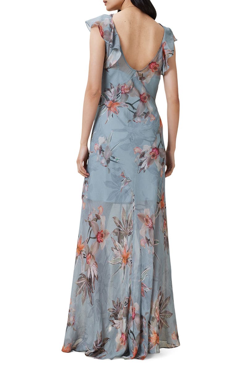 AllSaints Floral Ruffle Maxi Dress, Alternate, color, Adena Dusty Blue