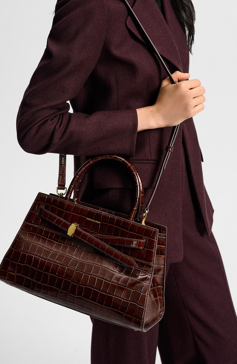 Veronica Beard Dash Croc Embossed Leather Top Handle Bag, Alternate, color, Chestnut