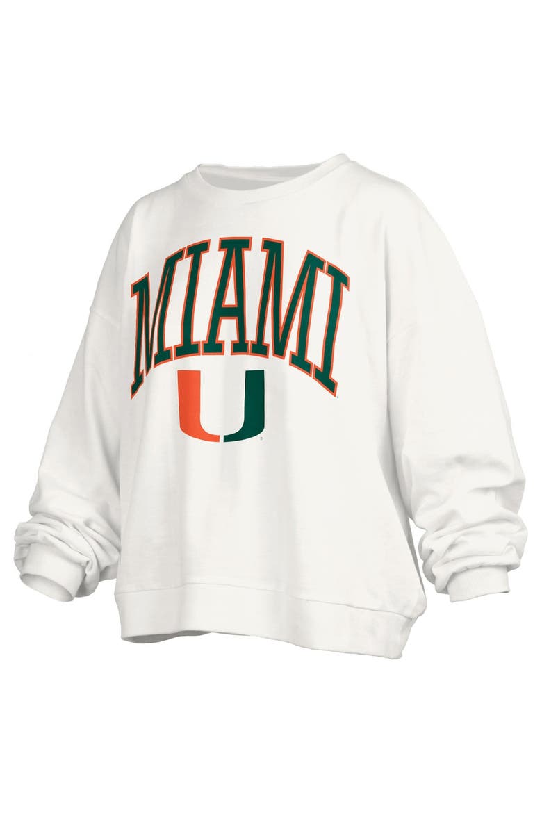 Women's Pressbox White Miami Hurricanes Janise Arch Over Logo Waist Length Oversized Pullover Sweatshirt, Alternate, color, White