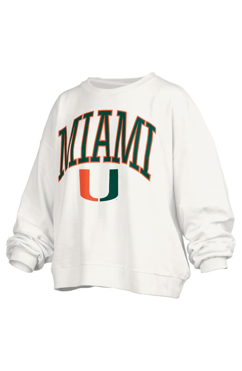 PRESSBOX Women's Pressbox White Miami Hurricanes Janise Arch Over Logo Waist Length Oversized Pullover Sweatshirt, Alternate, color,