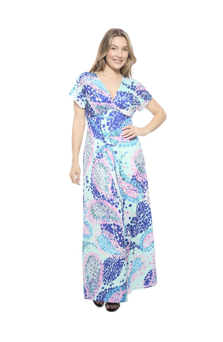 24seven Comfort Apparel Womens Essential V-Neck Empire Waist Cap Sleeve Maxi Dress, Main, color, Blue Multi