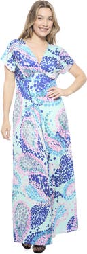 24seven Comfort Apparel Womens Essential V-Neck Empire Waist Cap Sleeve Maxi Dress