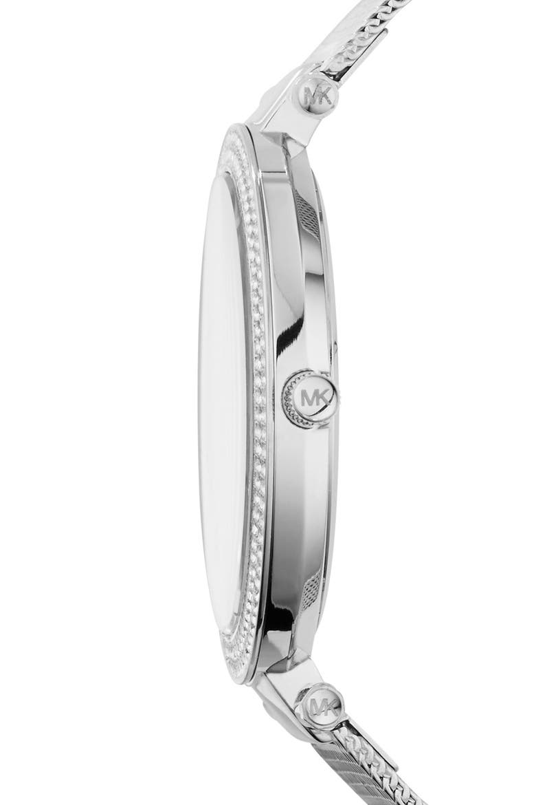 'Darci' Crystal Bezel Mesh Strap Watch, 39mm, Alternate, color, SILVER