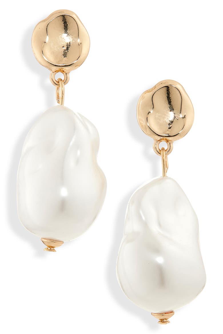 Molten Faux Pearl Drop Earrings, Main, color, WHITE- GOLD