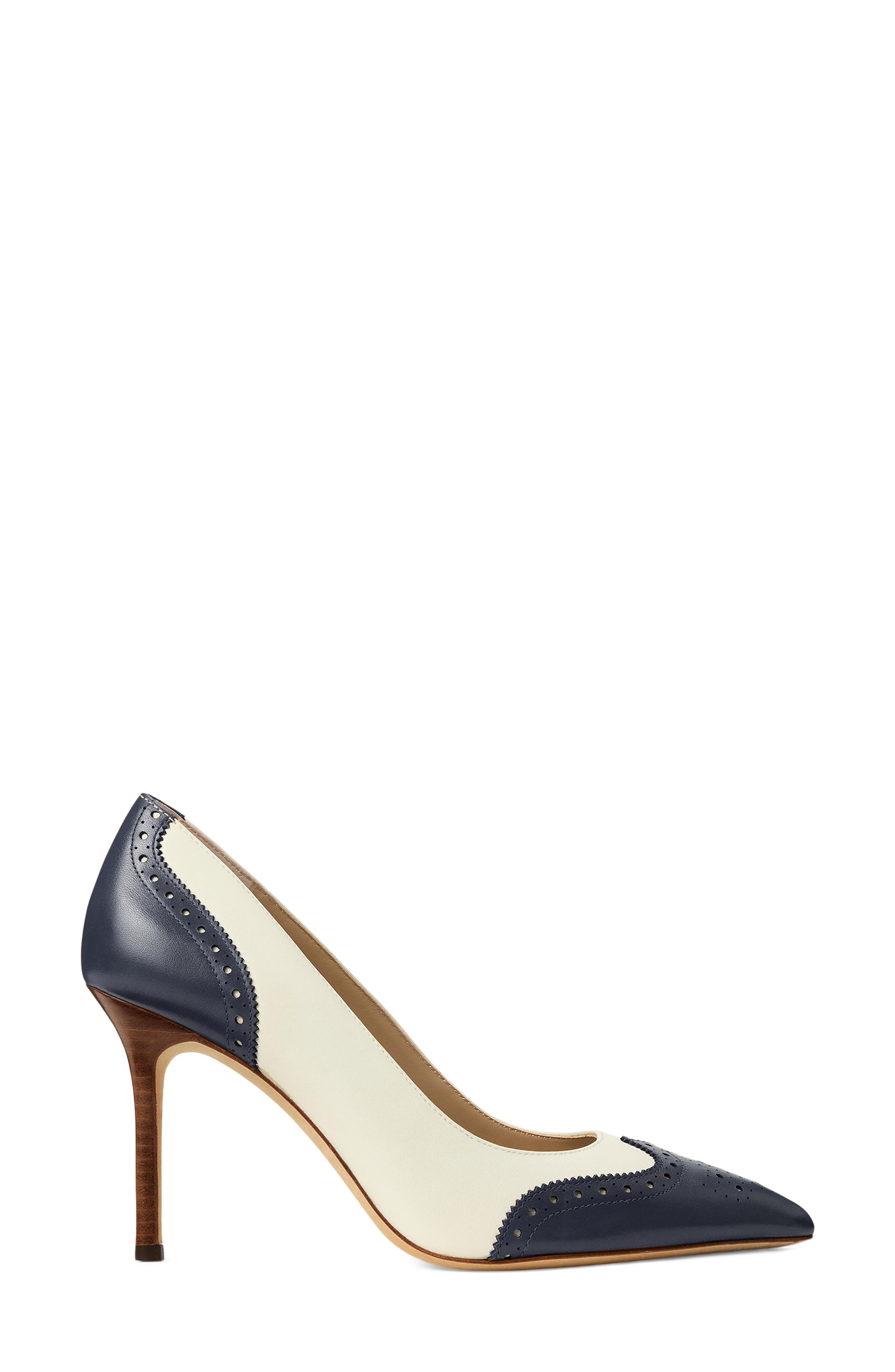 Ralph Lauren Lynden Perforated Pointed Toe Pump, Alternate, color, Vanilla/ Refined Navy
