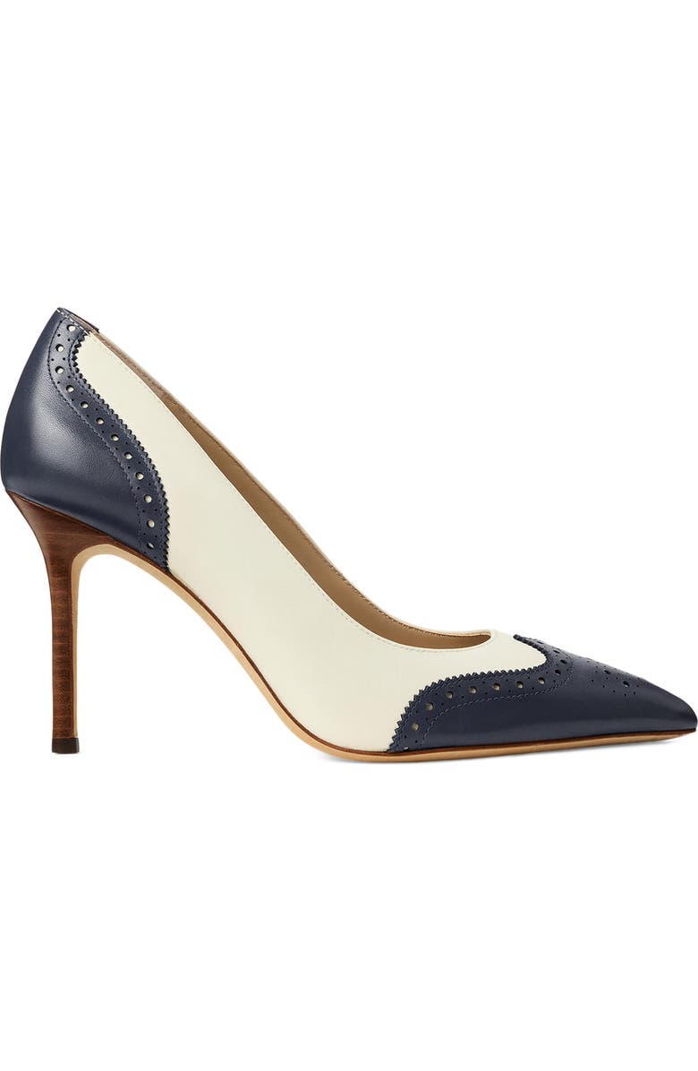 Ralph Lauren Lynden Perforated Pointed Toe Pump, Alternate, color, Vanilla/ Refined Navy