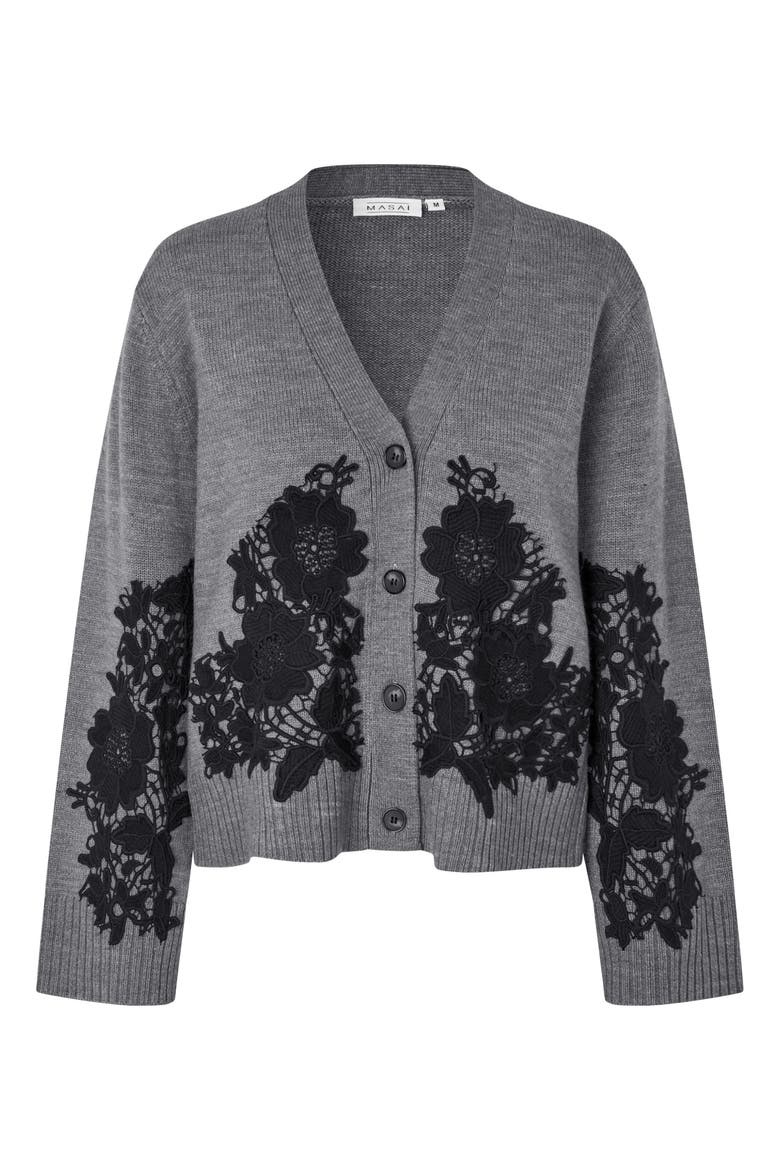 Maleviane Floral Appliqué Cardigan, Alternate, color, M. Grey Mel.