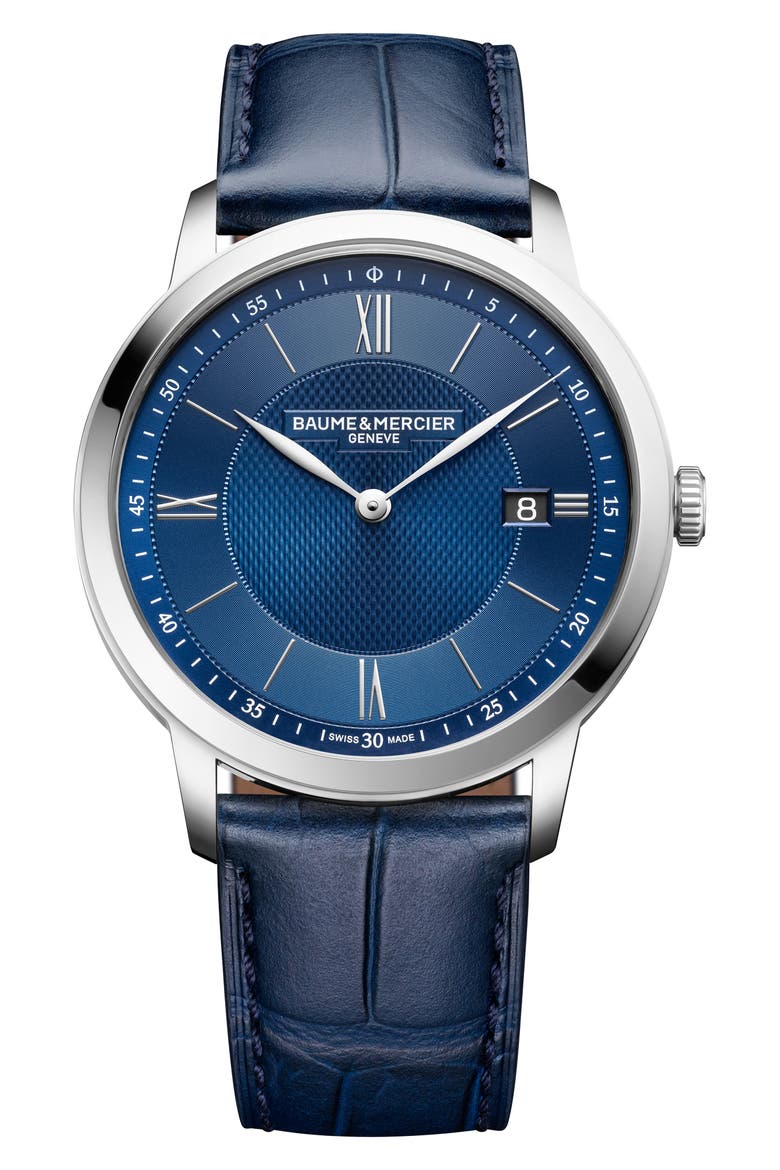 Classima Leather Strap Watch, 40mm, Main, color, BLUE