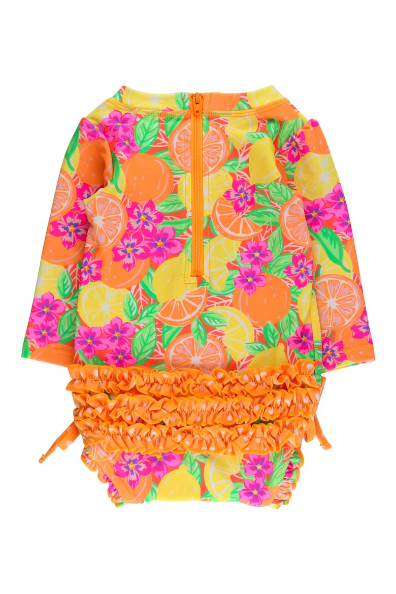 Neon Ruffle Long Sleeve UPF 50+ One-Piece Rashguard Swimsuit, Alternate, color, YELLOW