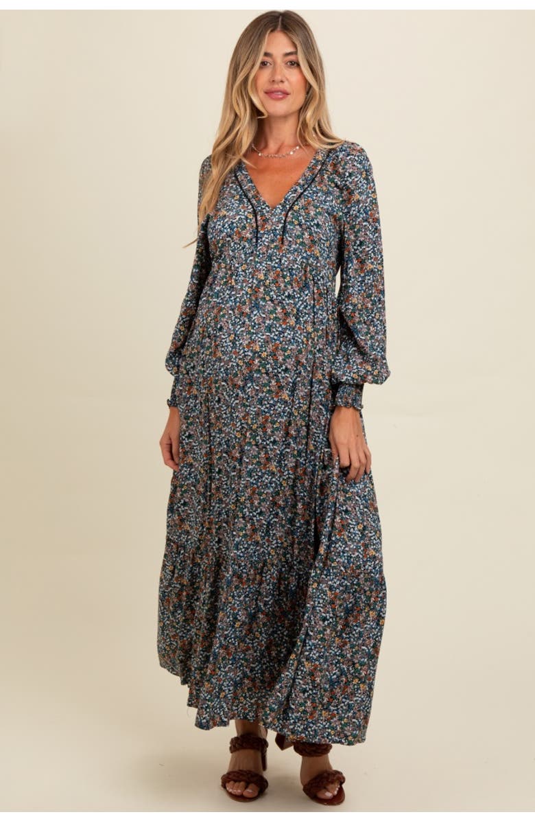 PinkBlush Floral V-Neck Bubble Sleeve Maxi Dress, Main, color, Navy Blue